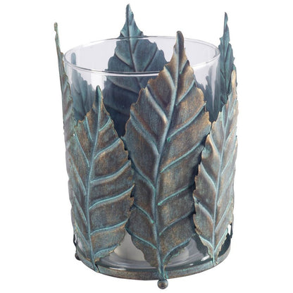 9" Green And Gold Distressed Botanical Leaf Metal And Glass Tabletop Hurricane Candle Holder