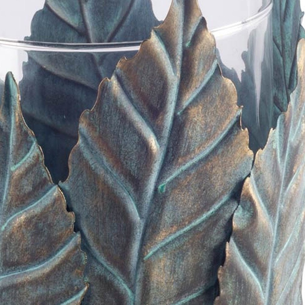 9" Green And Gold Distressed Botanical Leaf Metal And Glass Tabletop Hurricane Candle Holder