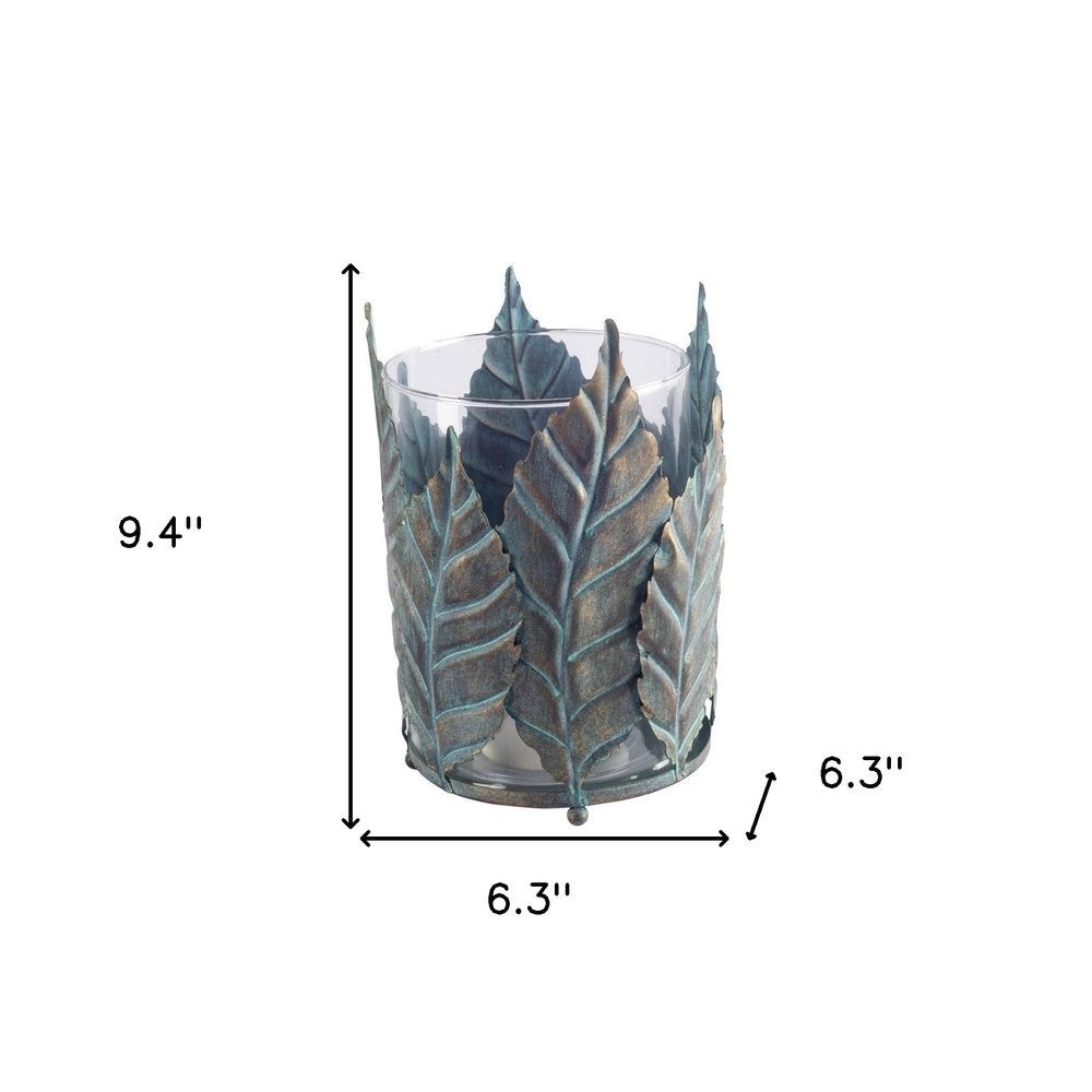 9" Green And Gold Distressed Botanical Leaf Metal And Glass Tabletop Hurricane Candle Holder