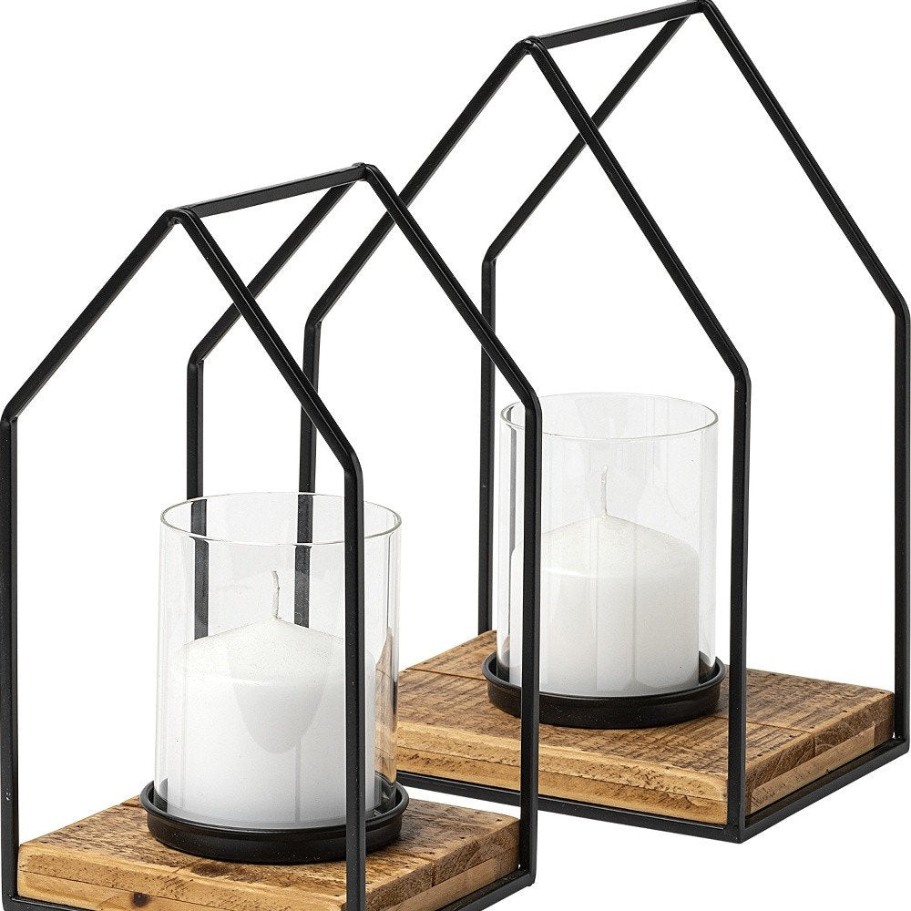 Set of Two Black And Brown Distressed Geometric Metal Tabletop Lantern Candle Holders