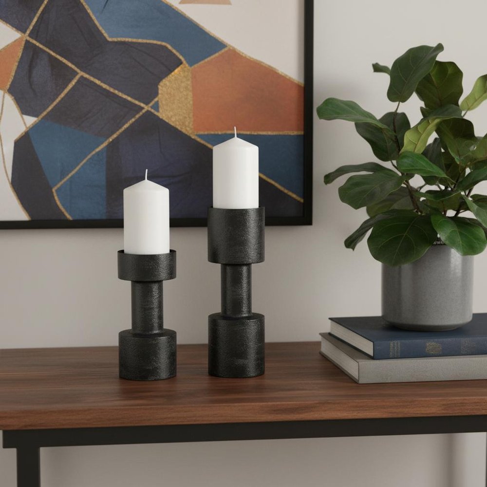 Set of Two Black Distressed Metal Tabletop Pillar Candle Holders
