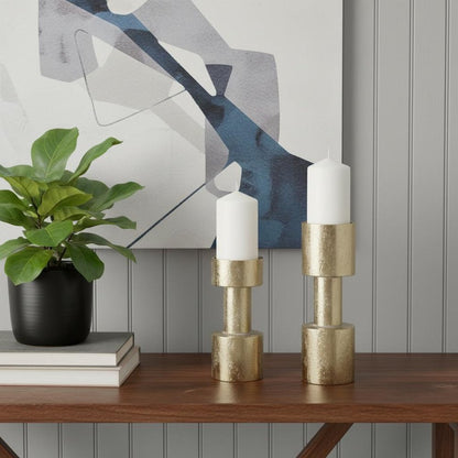 Set of Two Gold Distressed Geometric Metal Tabletop Pillar Candle Holders
