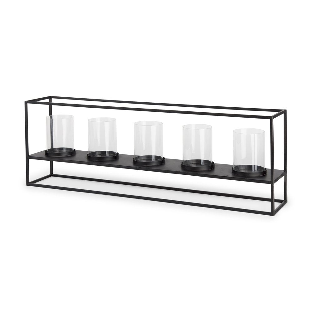 9" Black And Clear Geometric Metal And Glass Tabletop Hurricane Candle Holder