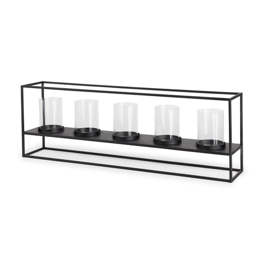 9" Black And Clear Geometric Metal And Glass Tabletop Hurricane Candle Holder
