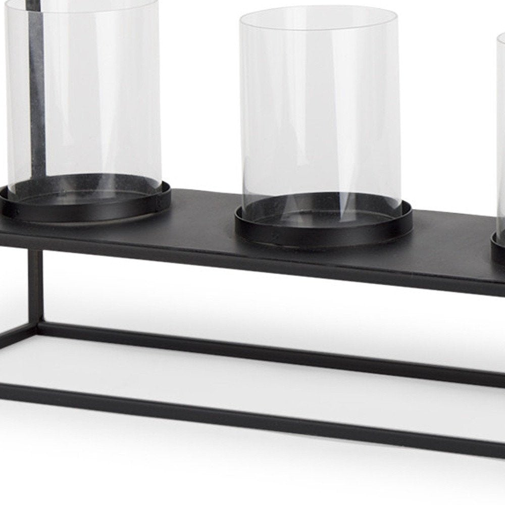 9" Black And Clear Geometric Metal And Glass Tabletop Hurricane Candle Holder