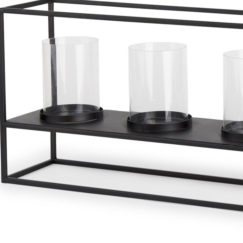 9" Black And Clear Geometric Metal And Glass Tabletop Hurricane Candle Holder