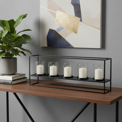 9" Black And Clear Geometric Metal And Glass Tabletop Hurricane Candle Holder