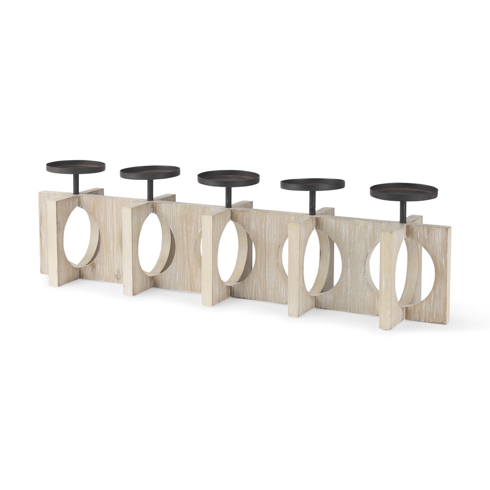 9" Black Distressed Geometric Solid Wood And Metal Tabletop Pillar Candle Holder