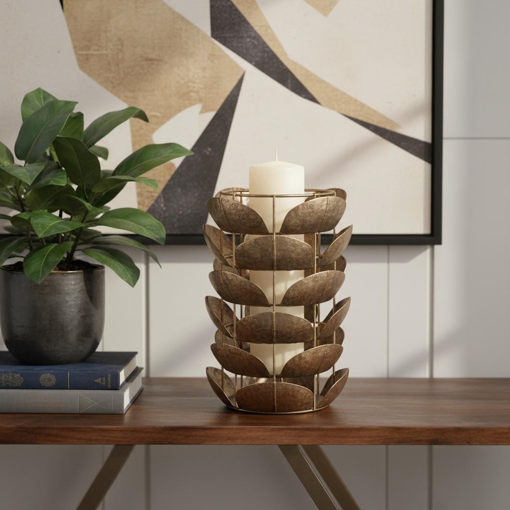 10" Bronze Distressed Botanical Leaf Metal Tabletop Hurricane Candle Holder