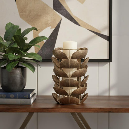 10" Bronze Distressed Botanical Leaf Metal Tabletop Hurricane Candle Holder