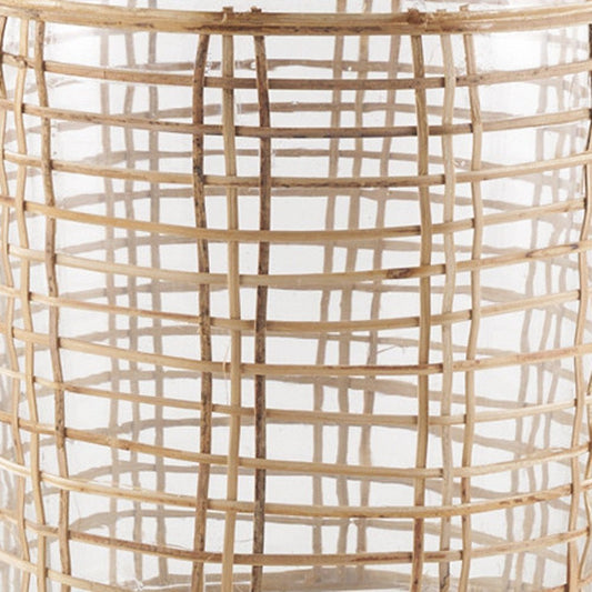15" Clear And Natural Glass Round Floor Vase With Wrapped Rattan