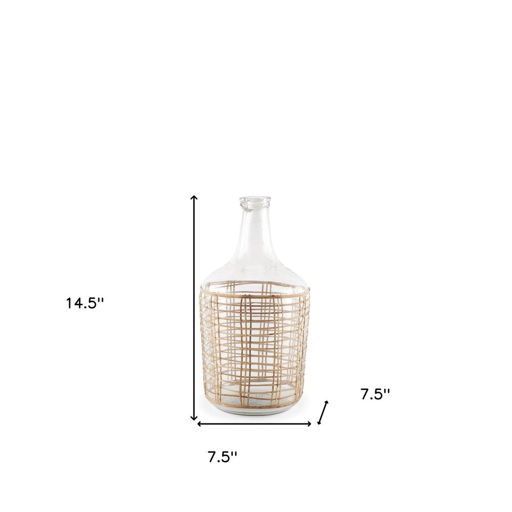 15" Clear And Natural Glass Round Floor Vase With Wrapped Rattan