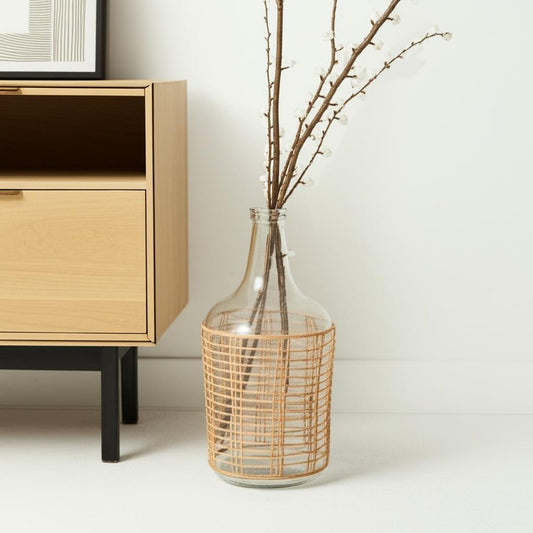 15" Clear And Natural Glass Bottle Floor Vase With Wrapped Rattan