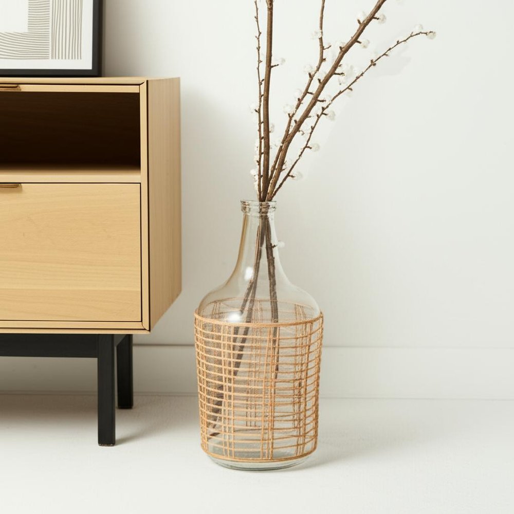 15" Clear And Natural Glass Round Floor Vase With Wrapped Rattan