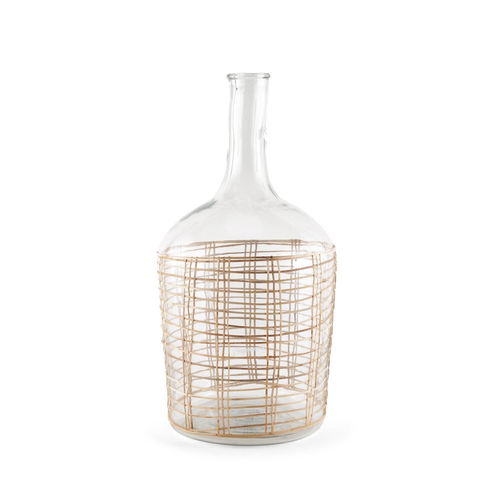 20" Clear And Natural Glass Round Floor Vase With Wrapped Rattan