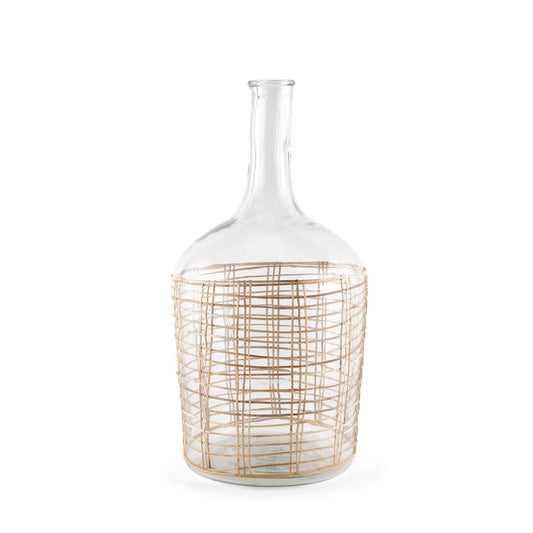 20" Clear And Natural Glass Round Floor Vase With Wrapped Rattan