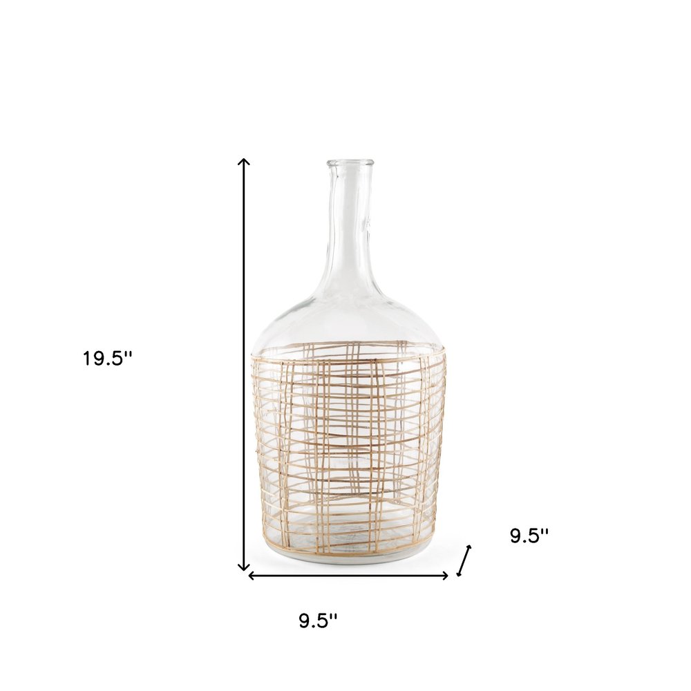 20" Clear And Natural Glass Bottle Floor Vase With Wrapped Rattan
