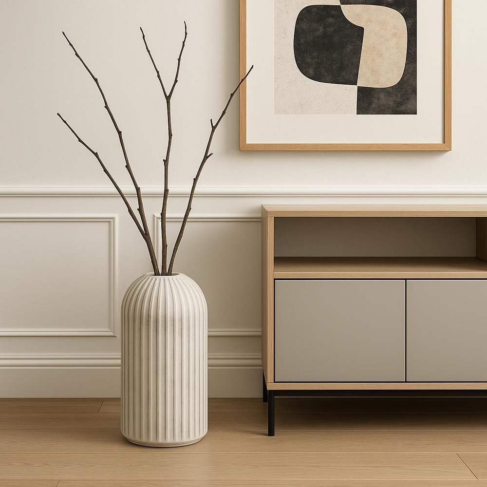 16" Gray And White Striped Cylinder Ceramic Floor Vase