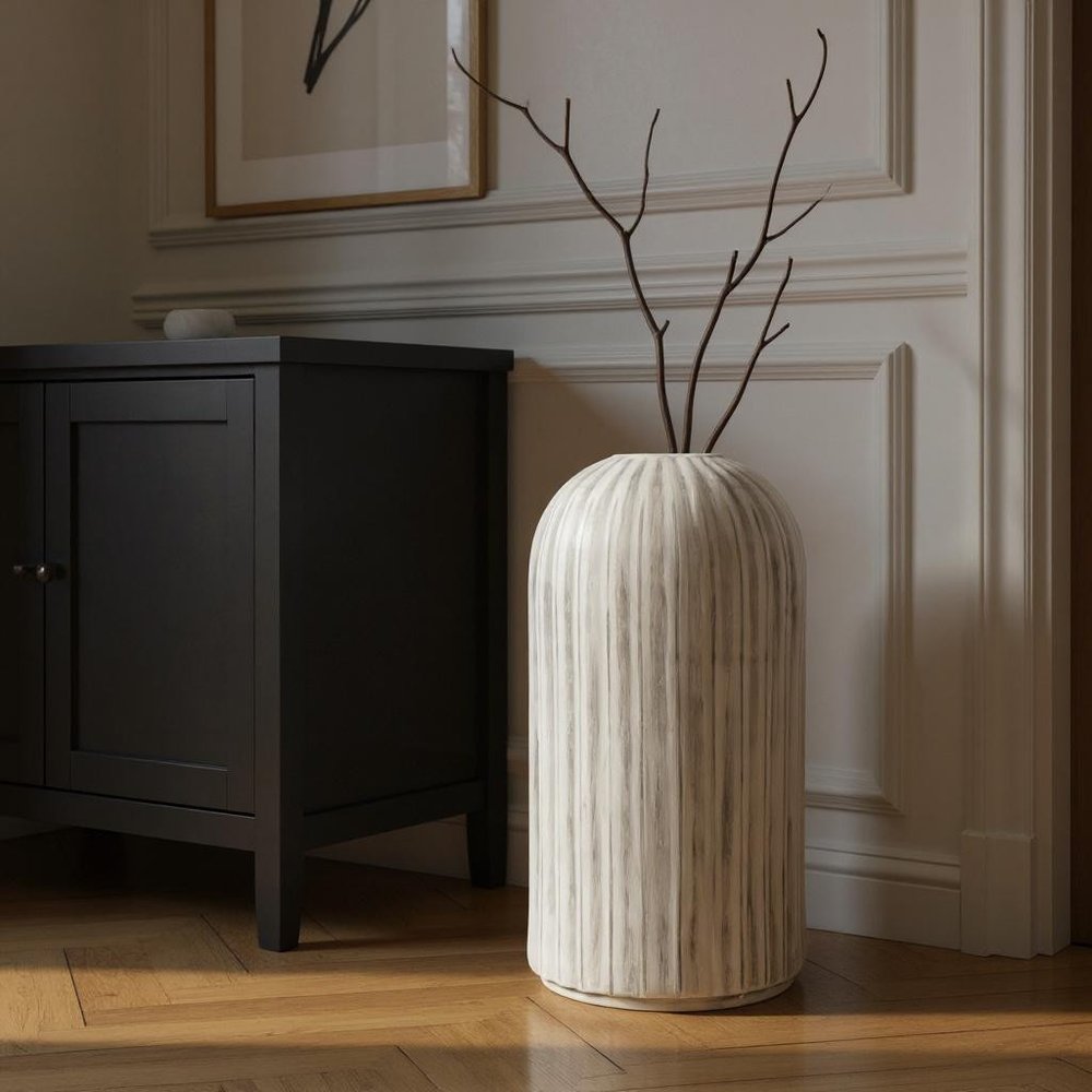 21" Gray And White Striped Cylinder Ceramic Floor Vase