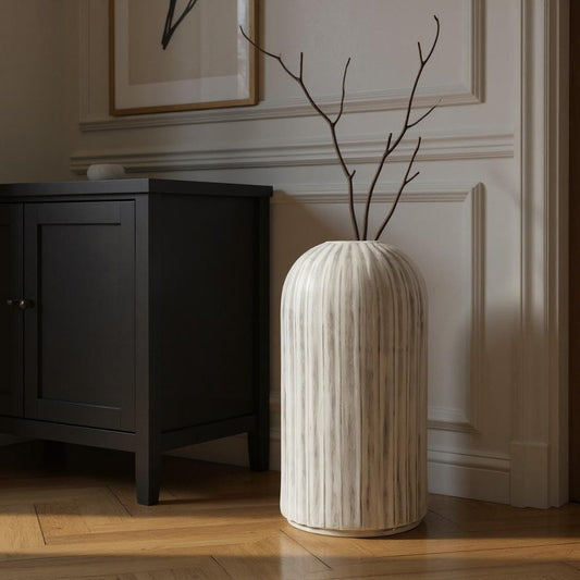 21" Gray And White Striped Cylinder Ceramic Floor Vase