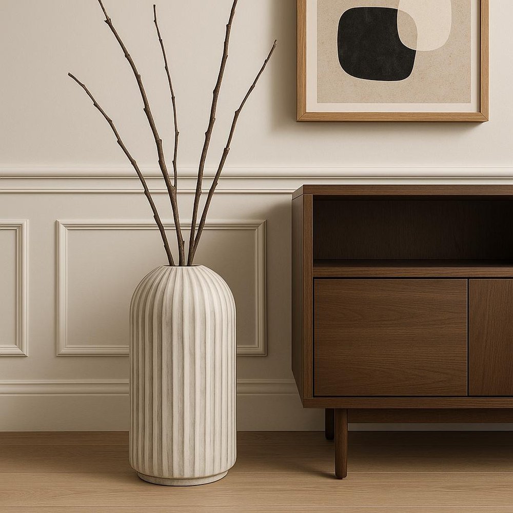 21" Gray And White Striped Cylinder Ceramic Floor Vase