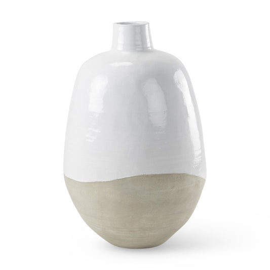 32" White And Beige Color Block Ceramic Round Floor Vase
