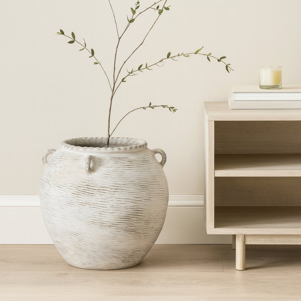 22" Cream Ceramic Amphora Floor Vase