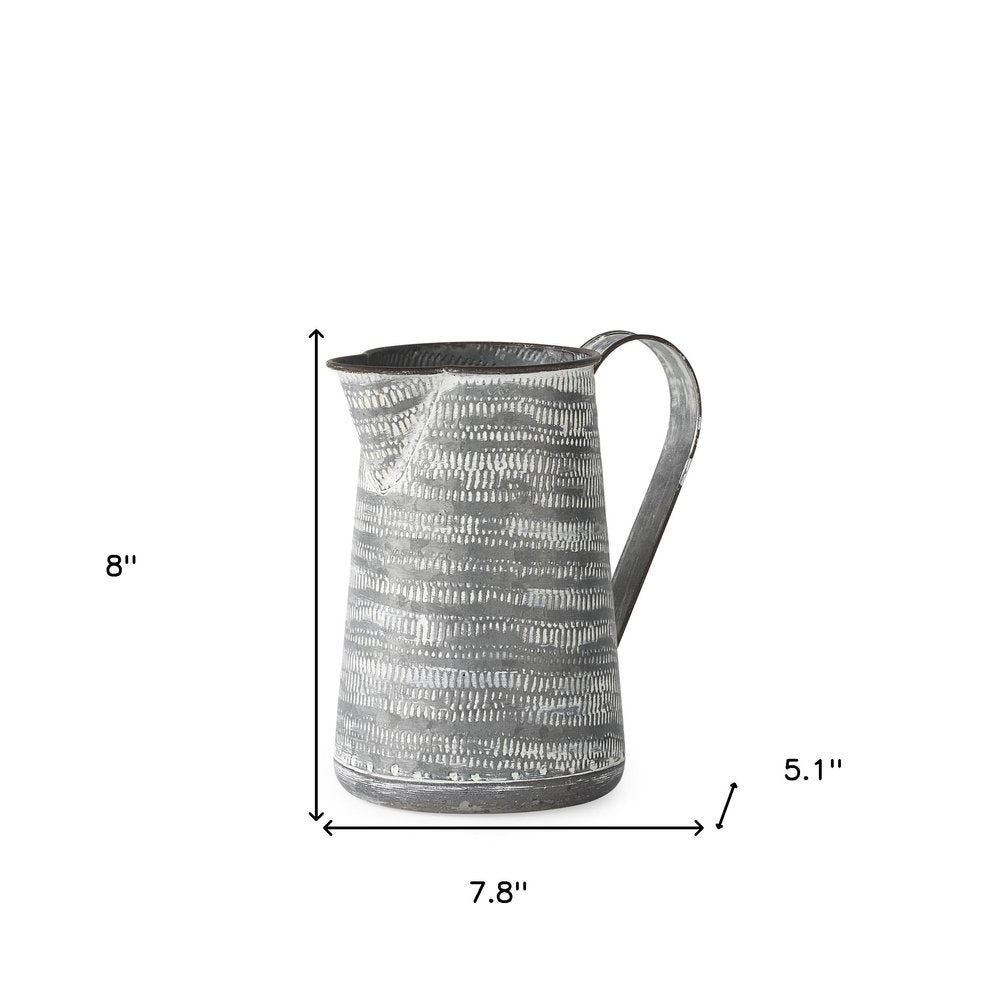 8" Gray And White Striped Metal Jug Vase