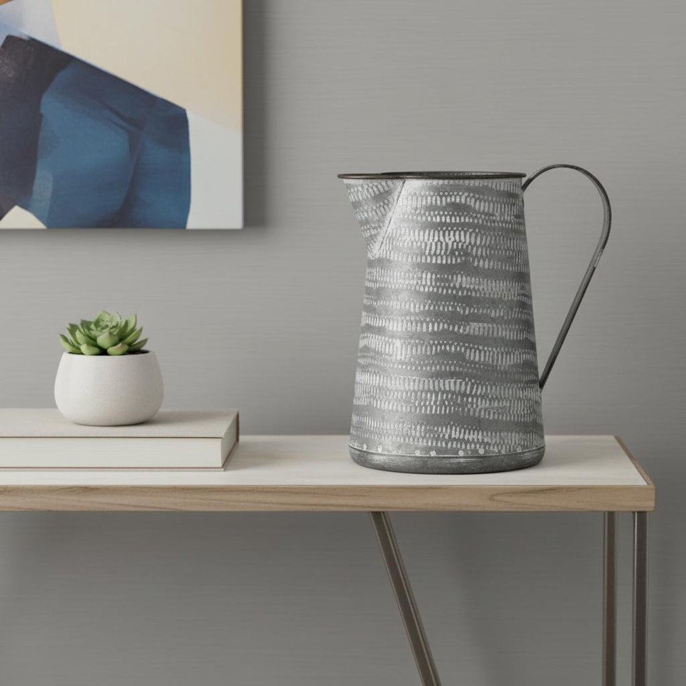 8" Gray And White Striped Metal Jug Vase