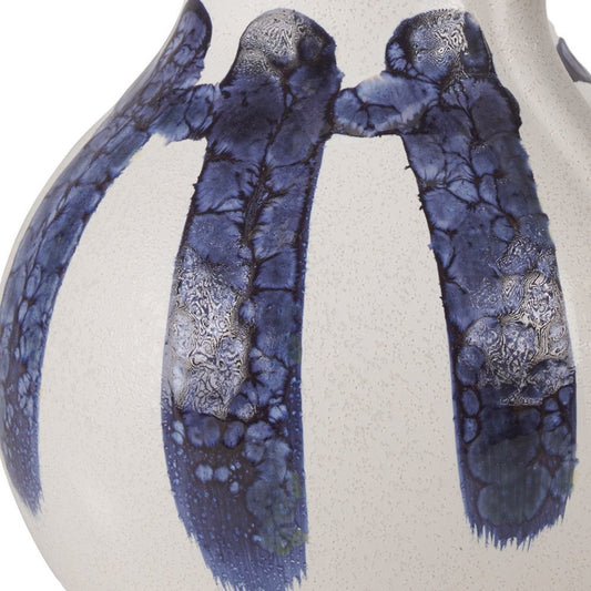 10" White And Blue Abstract Ceramic Amphora Jug Vase