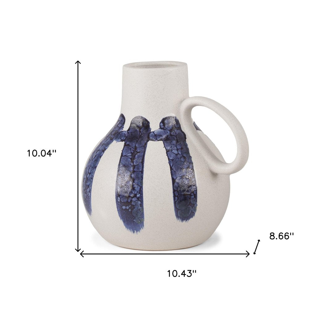 10" White And Blue Abstract Amphora Ceramic Jug Vase
