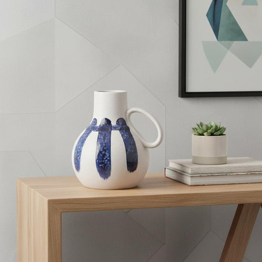 10" White And Blue Abstract Amphora Ceramic Jug Vase