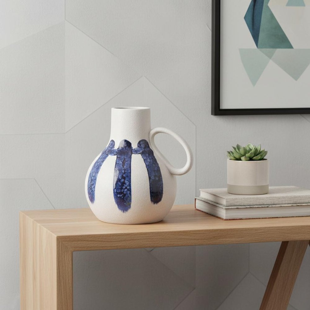 10" White And Blue Abstract Ceramic Amphora Jug Vase