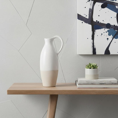 14" White And Beige Ombre Bud Ceramic Jug Vase