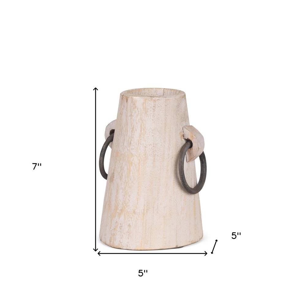 7" Beige Cylinder Solid Wood Jug Vase