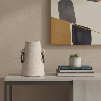 7" Beige Cylinder Solid Wood Jug Vase