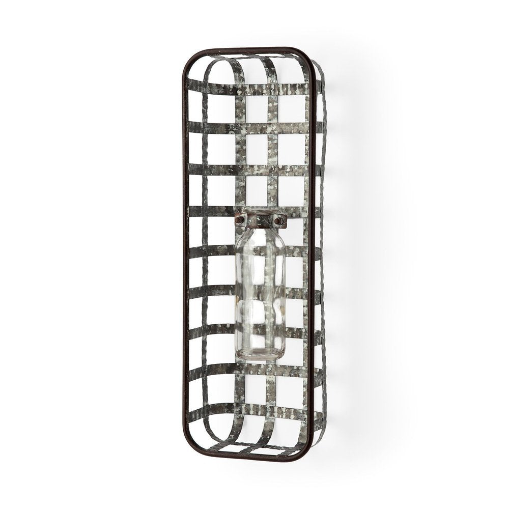 17" Black And Clear Glass Bottle And Metal Wall Vase