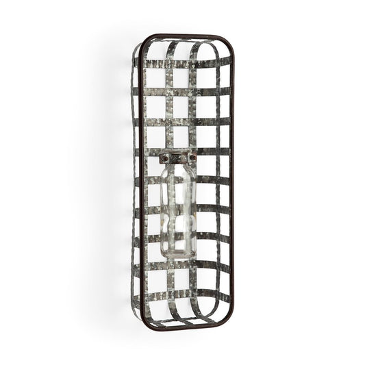 17" Black And Clear Glass Bottle And Metal Wall Vase