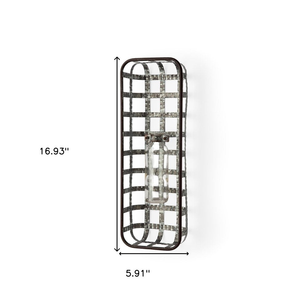 17" Black And Clear Glass Bottle And Metal Wall Vase