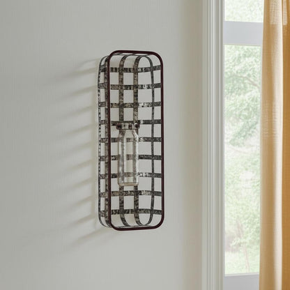 17" Black And Clear Glass Bottle And Metal Wall Vase