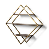 30" Antiqued Brass And Brown Metal And Solid Wood Diamond Shaped Accent Shelf