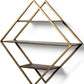 30" Antiqued Brass And Brown Metal And Solid Wood Diamond Shaped Accent Shelf