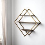 30" Antiqued Brass And Brown Metal And Solid Wood Diamond Shaped Accent Shelf