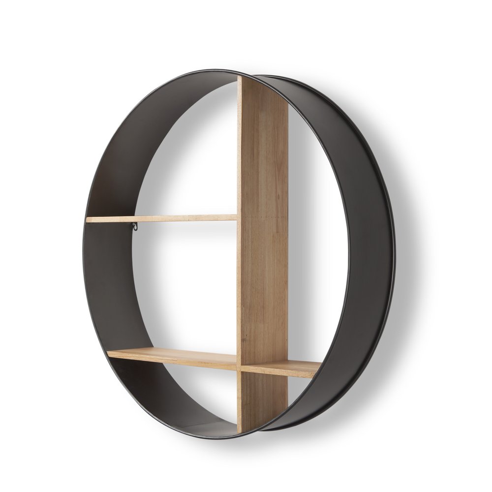 36" Black And Brown Metal And Wood Circular Multi Tier Shelf