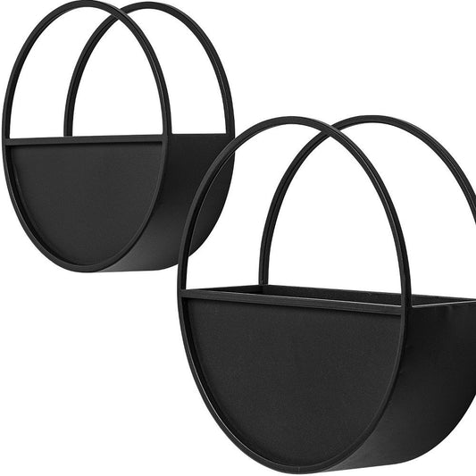 Set of Two Black Metal Round Hanging Planters