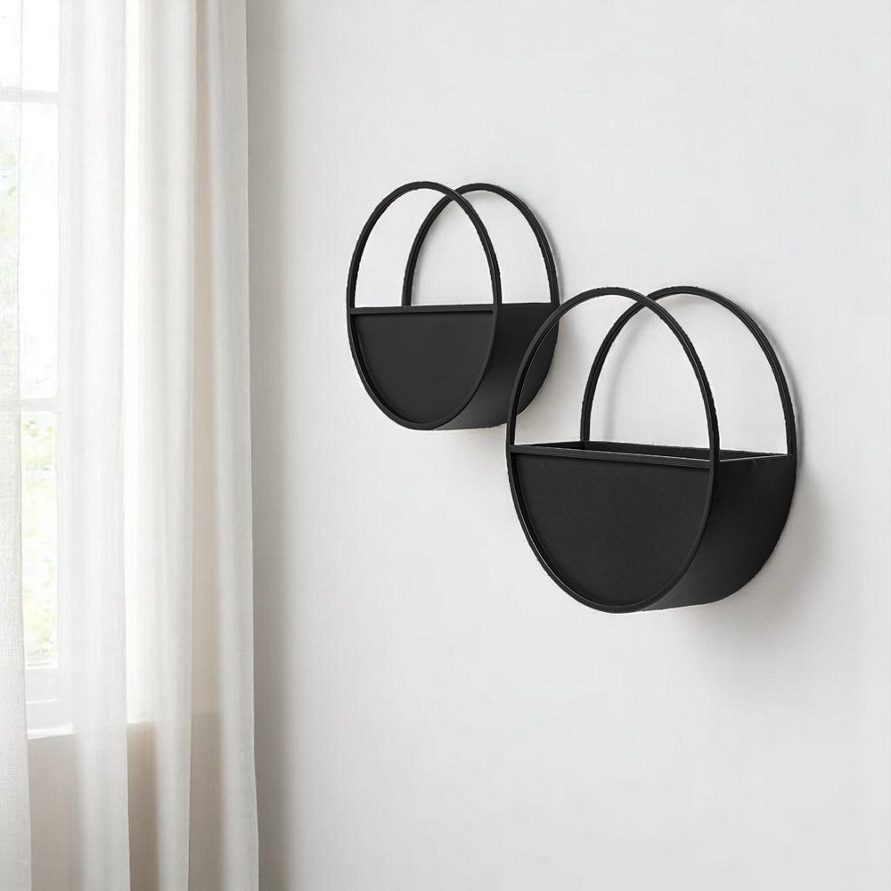 Set of Two Black Metal Round Hanging Planters