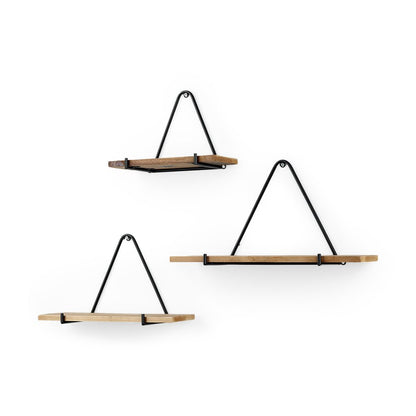 Set Of Three Black And Brown Metal And Solid Wood Triangle Wall Mounted Accent Shelves