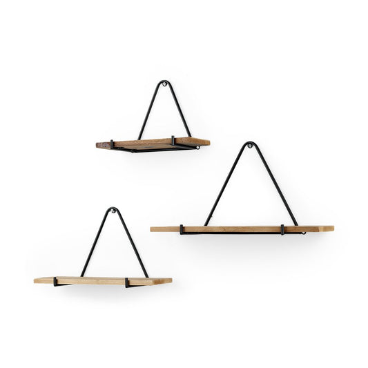 Set Of Three Black And Brown Metal And Solid Wood Triangle Wall Mounted Accent Shelves