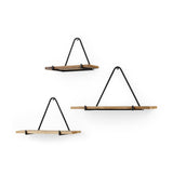 Set Of Three Black And Brown Metal And Solid Wood Triangle Wall Mounted Accent Shelves