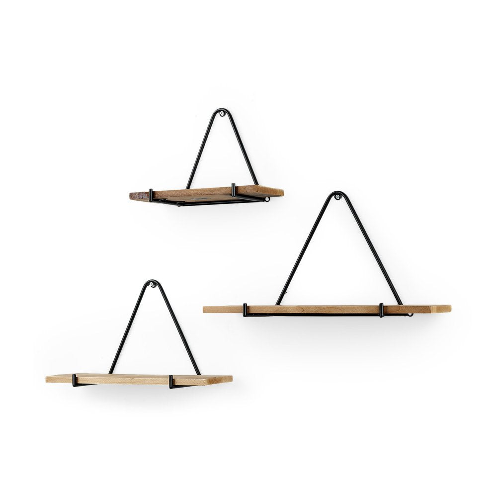 Set Of Three Black And Brown Metal And Solid Wood Triangle Wall Mounted Accent Shelves